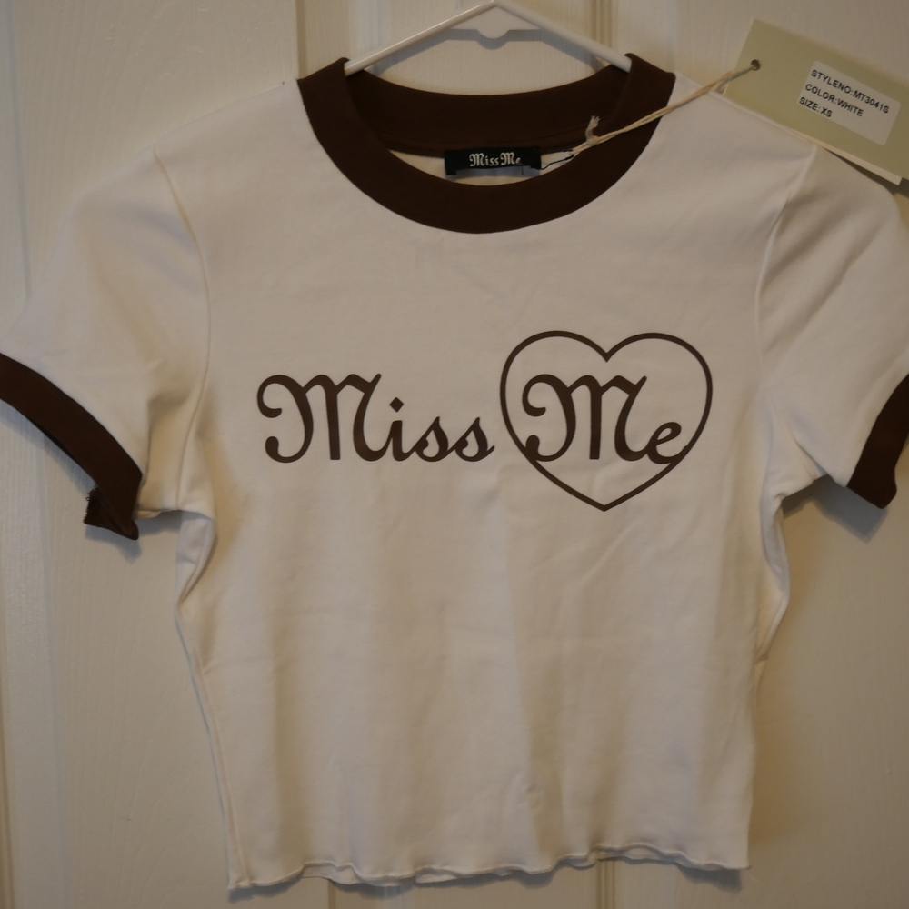 Miss Me White and Brown Ringer Tee with Heart Design